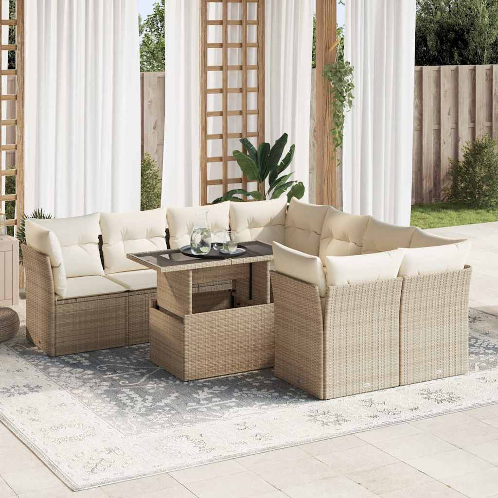 JUNG Vida 9-tlg. Garten-Sofagarnitur mit Kissen Beige Poly Rattan