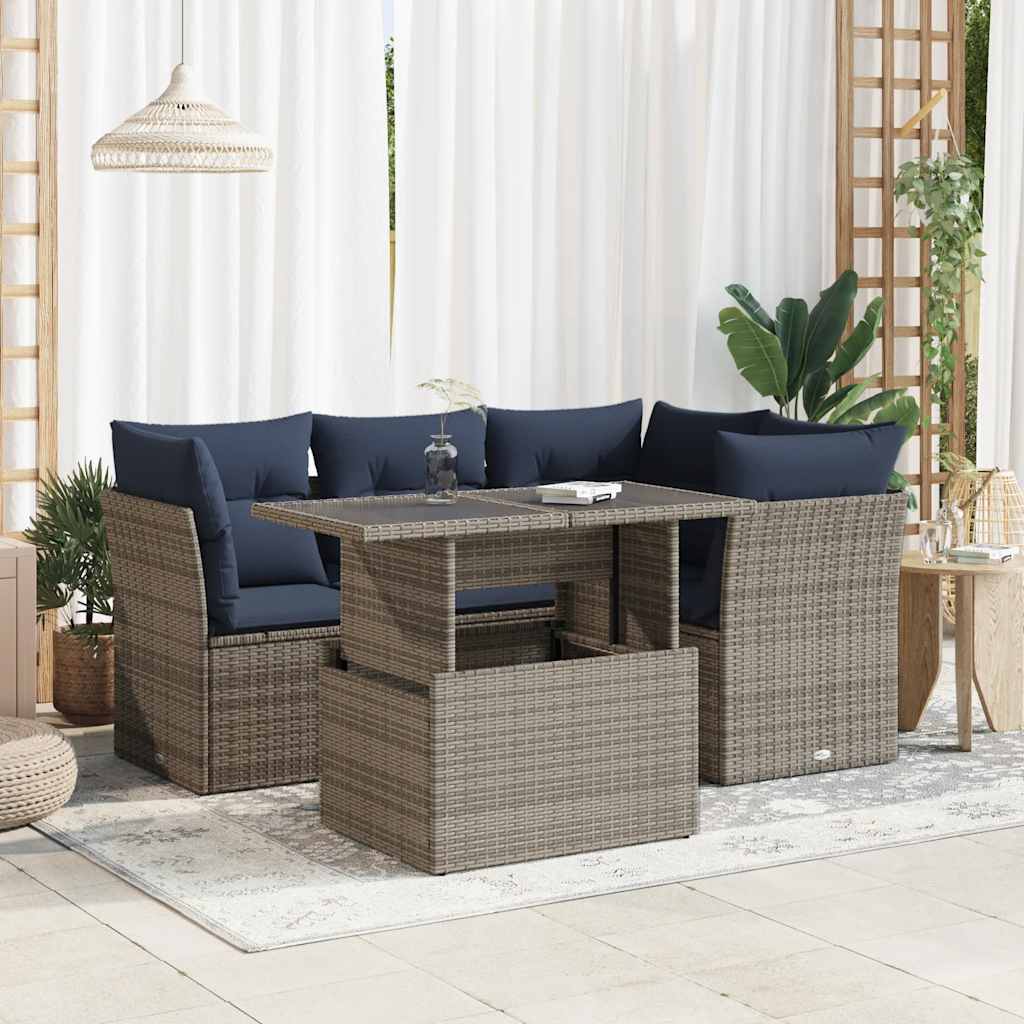 JUNG Vida 5-tlg. Garten-Sofagarnitur mit Kissen Grau Poly Rattan Akazie