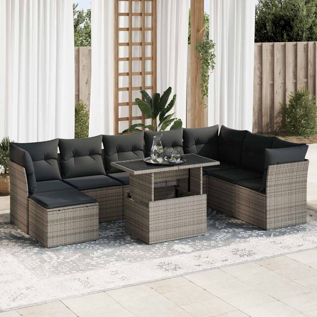 JUNG Vida 9-tlg. Garten-Sofagarnitur mit Kissen Grau Poly Rattan