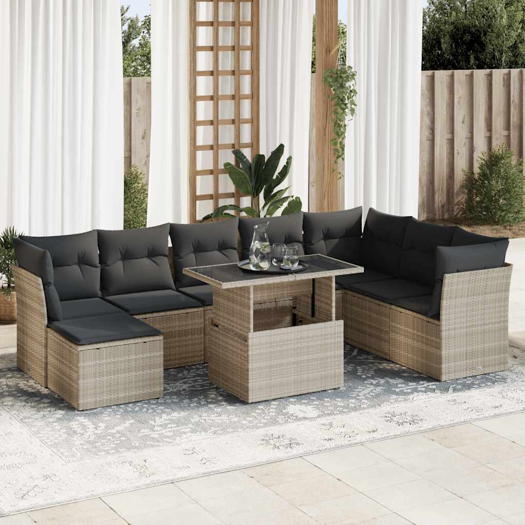 JUNG Vida 9-tlg. Garten-Sofagarnitur mit Kissen Hellgrau Poly Rattan