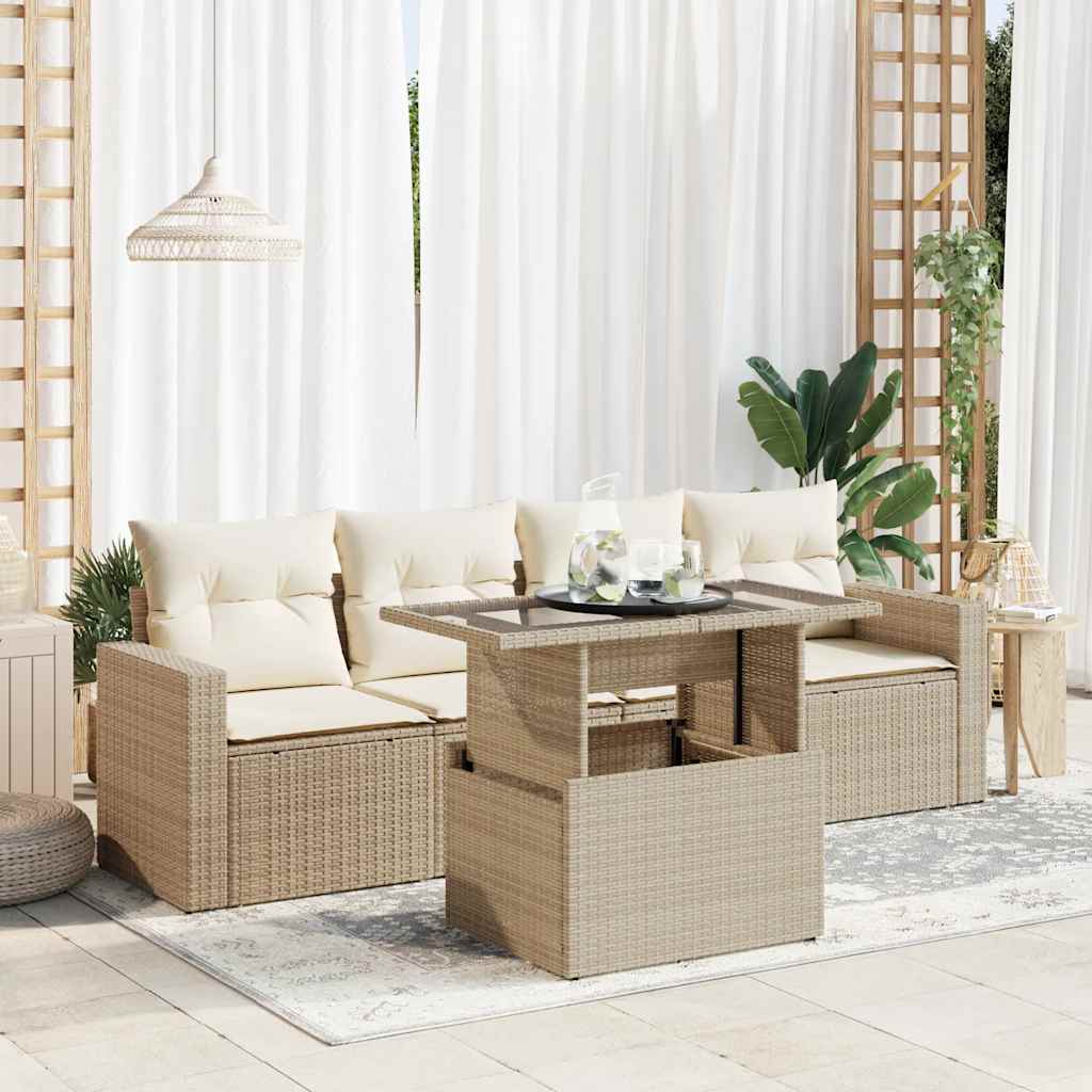 JUNG Vida 5-tlg. Garten-Sofagarnitur mit Kissen Beige Poly Rattan
