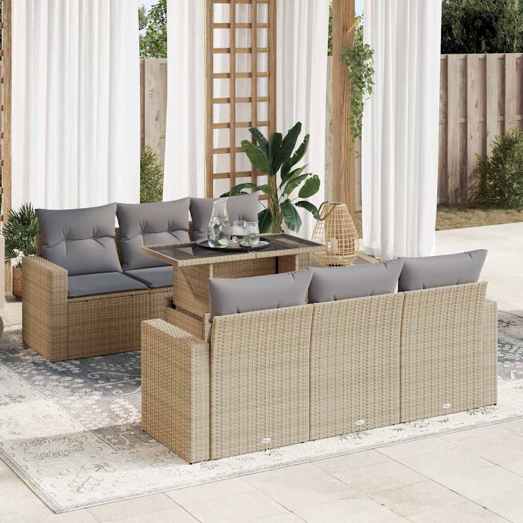 JUNG Vida 7-tlg. Garten-Sofagarnitur mit Kissen Beige Poly Rattan