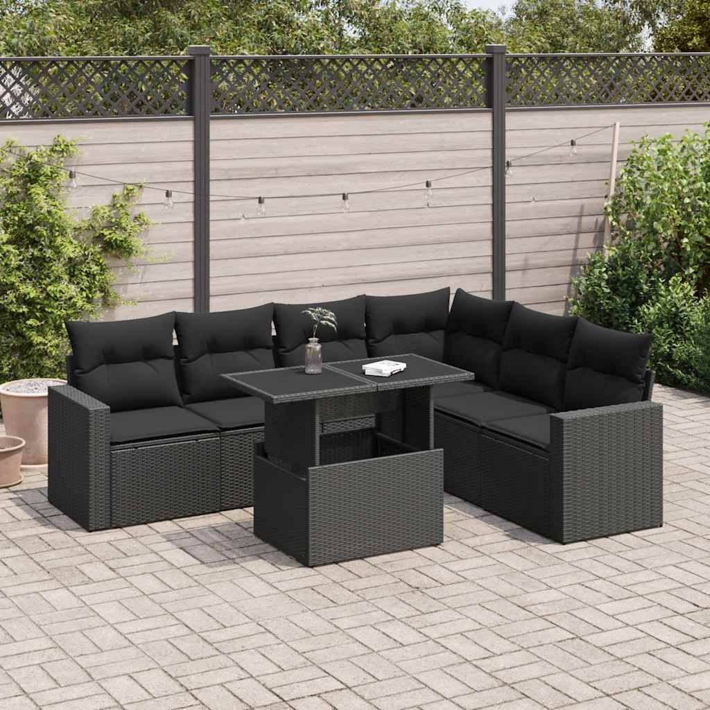 JUNG Vida 7-tlg. Garten-Sofagarnitur mit Kissen Schwarz Poly Rattan