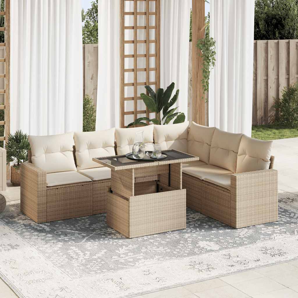 JUNG Vida 7-tlg. Garten-Sofagarnitur mit Kissen Beige Poly Rattan