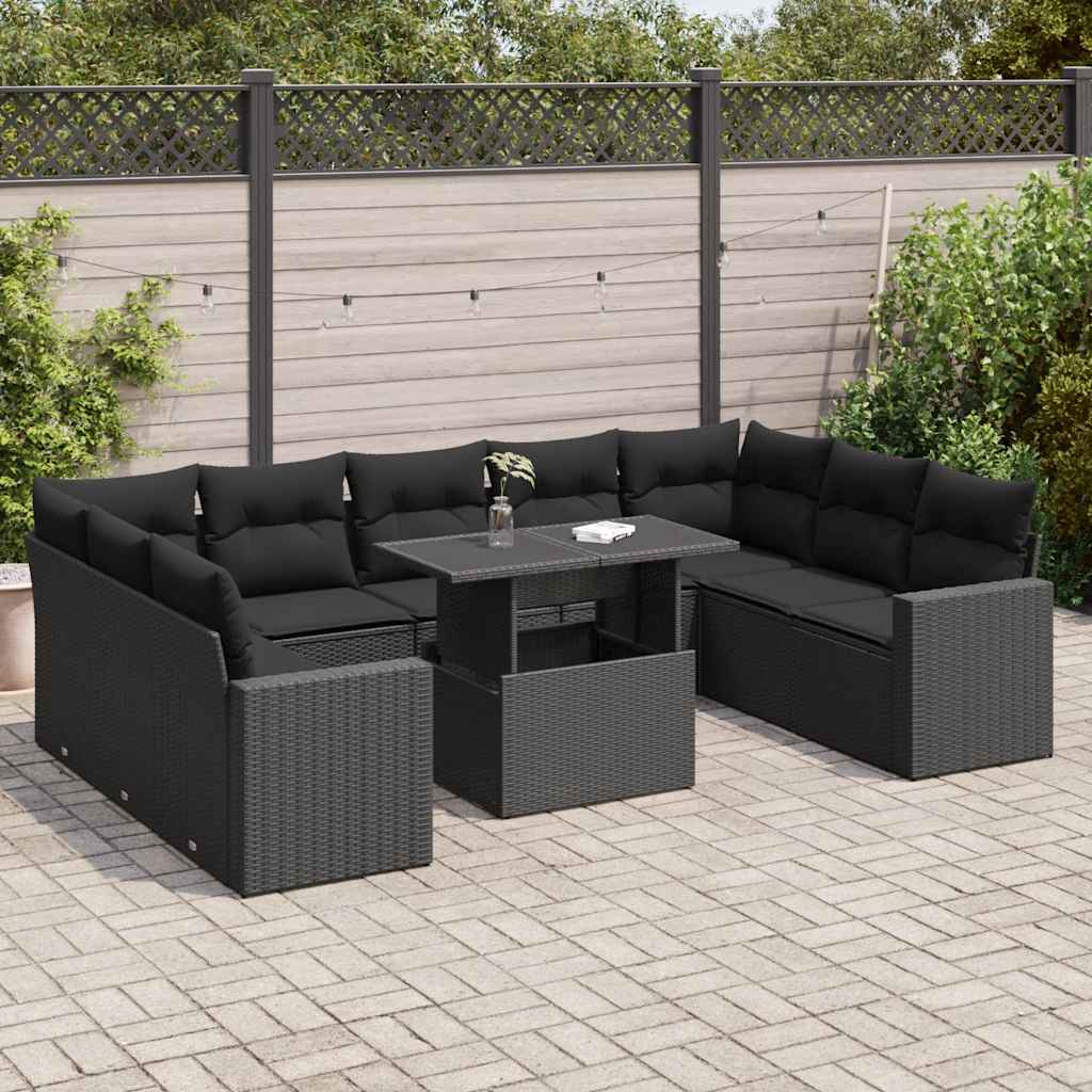 JUNG Vida 10-tlg. Garten-Sofagarnitur mit Kissen Schwarz Poly Rattan