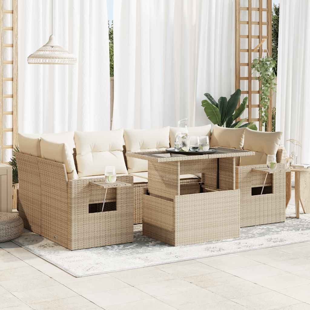 JUNG Vida 7-tlg. Garten-Sofagarnitur mit Kissen Beige Poly Rattan