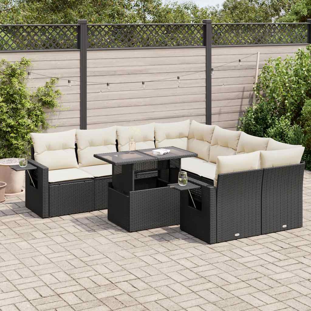 JUNG Vida 9-tlg. Garten-Sofagarnitur mit Kissen Schwarz Poly Rattan