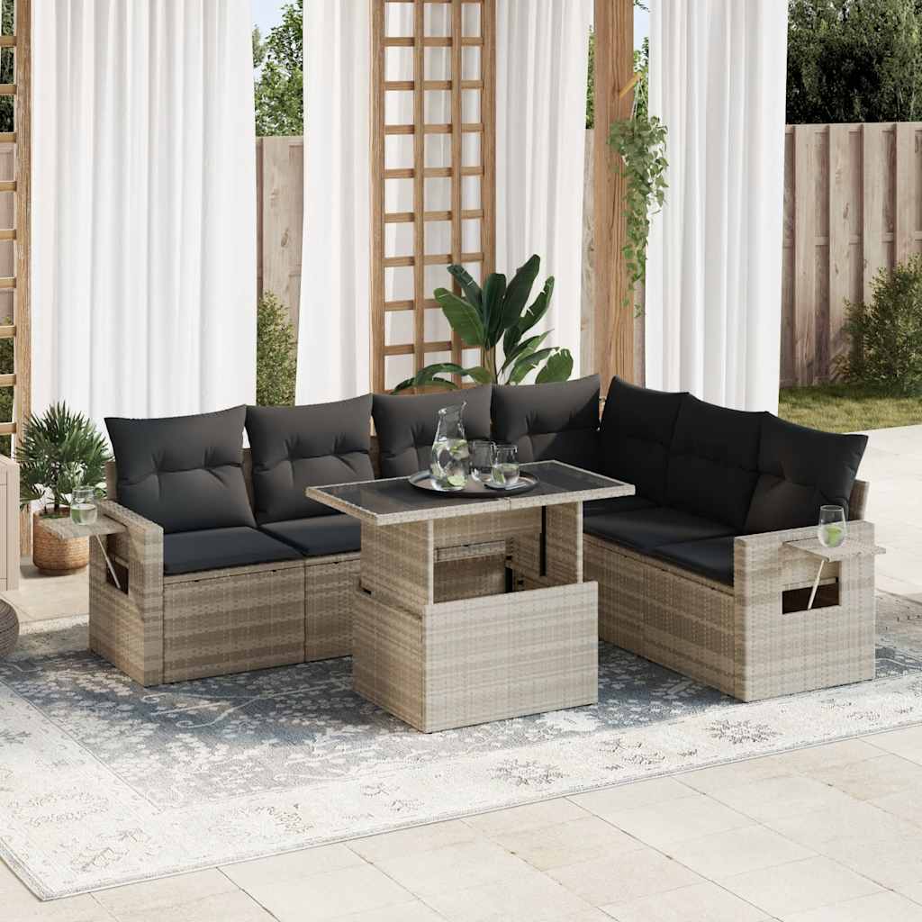 JUNG Vida 7-tlg. Garten-Sofagarnitur mit Kissen Hellgrau Poly Rattan