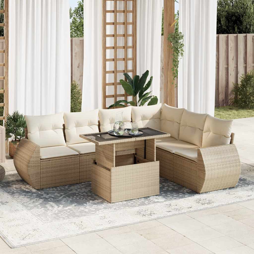 JUNG Vida 7-tlg. Garten-Sofagarnitur mit Kissen Beige Poly Rattan
