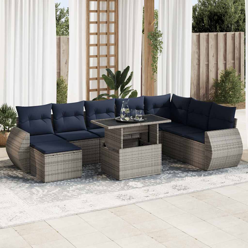 JUNG Vida 9-tlg. Garten-Sofagarnitur mit Kissen Grau Poly Rattan Akazie