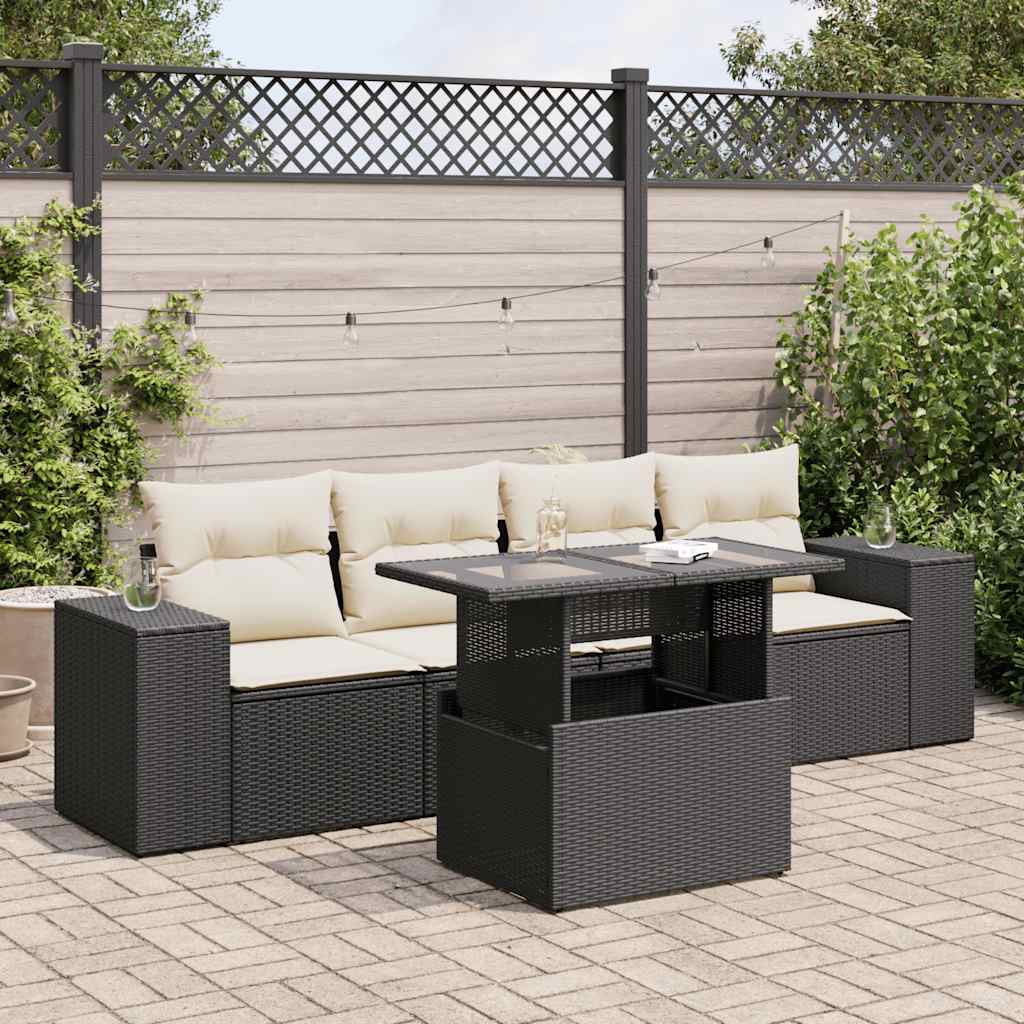 JUNG Vida 5-tlg. Garten-Sofagarnitur mit Kissen Schwarz Poly Rattan