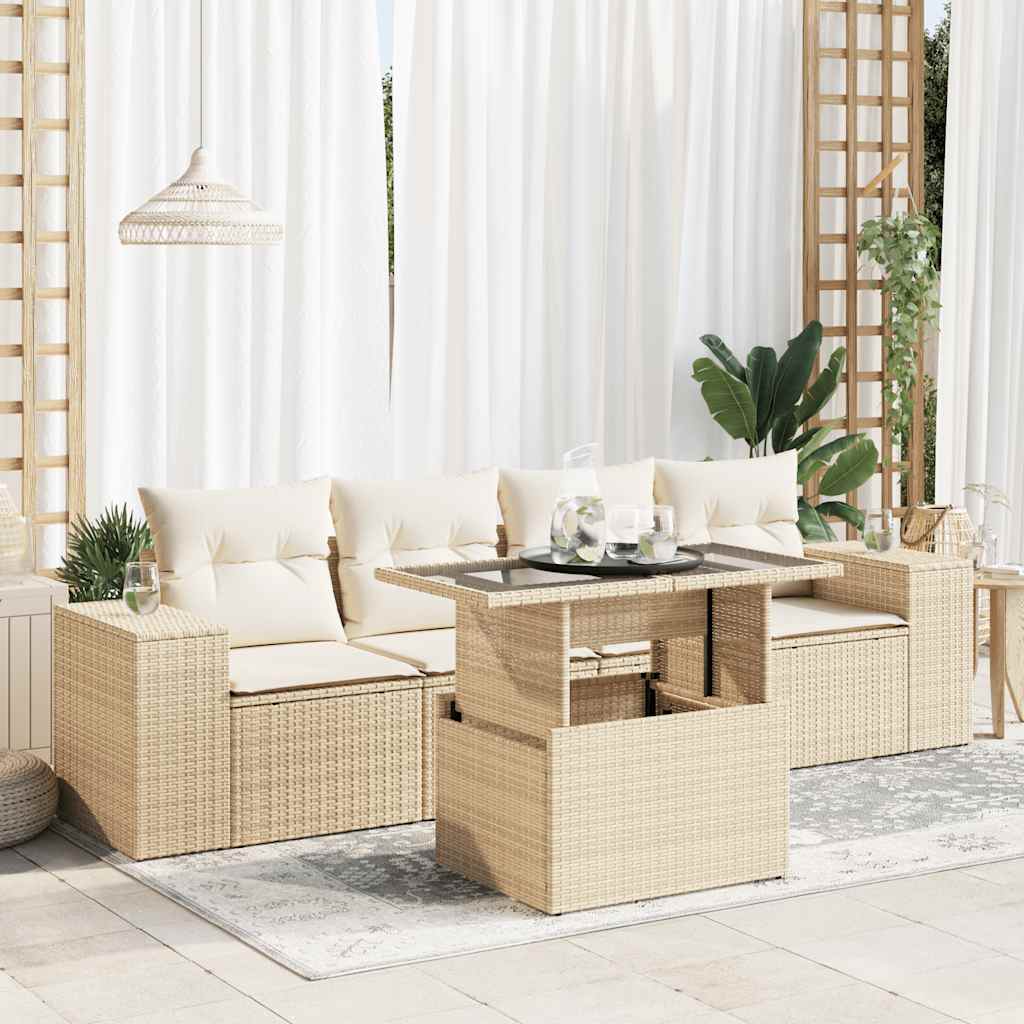 JUNG Vida 5-tlg. Garten-Sofagarnitur mit Kissen Beige Poly Rattan