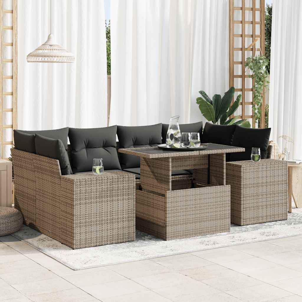 JUNG Vida 7-tlg. Garten-Sofagarnitur mit Kissen Grau Poly Rattan