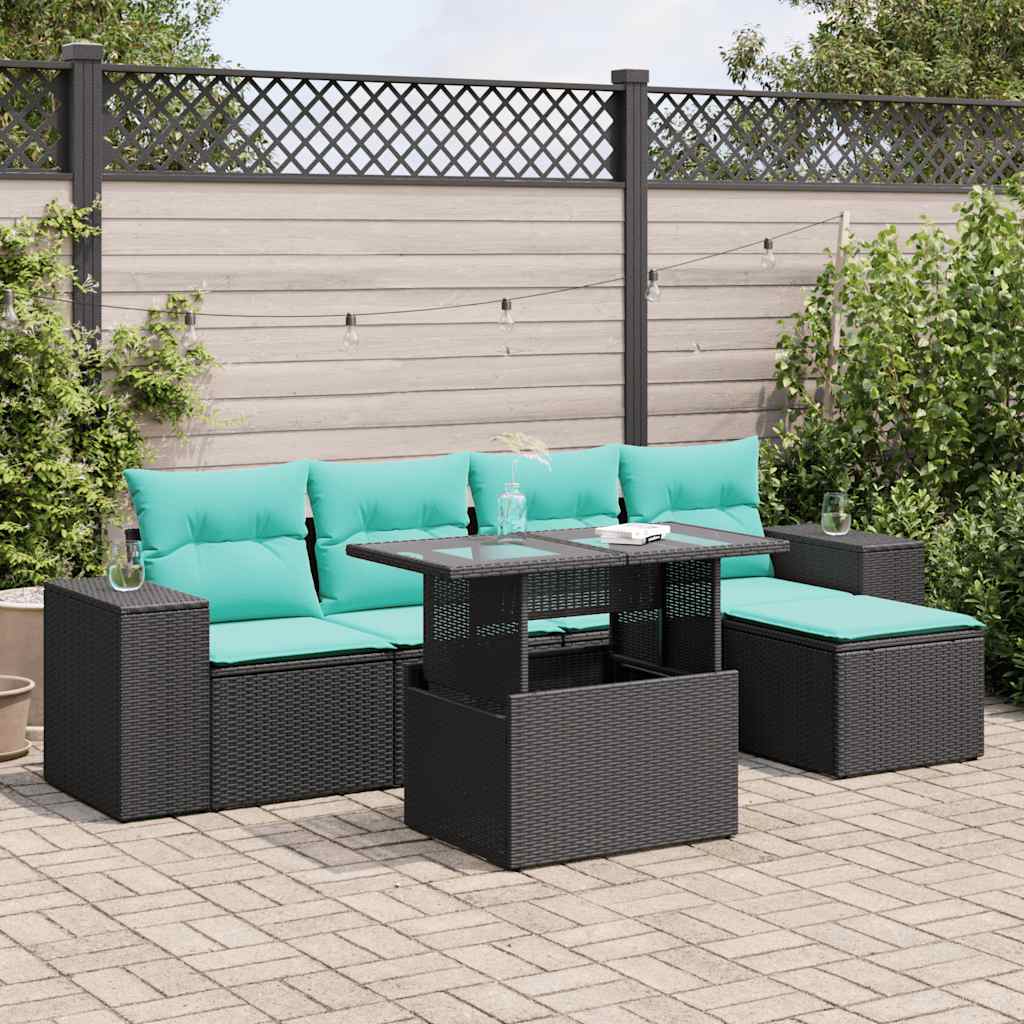 JUNG Vida 6-tlg. Garten-Sofagarnitur mit Kissen Schwarz Poly Rattan