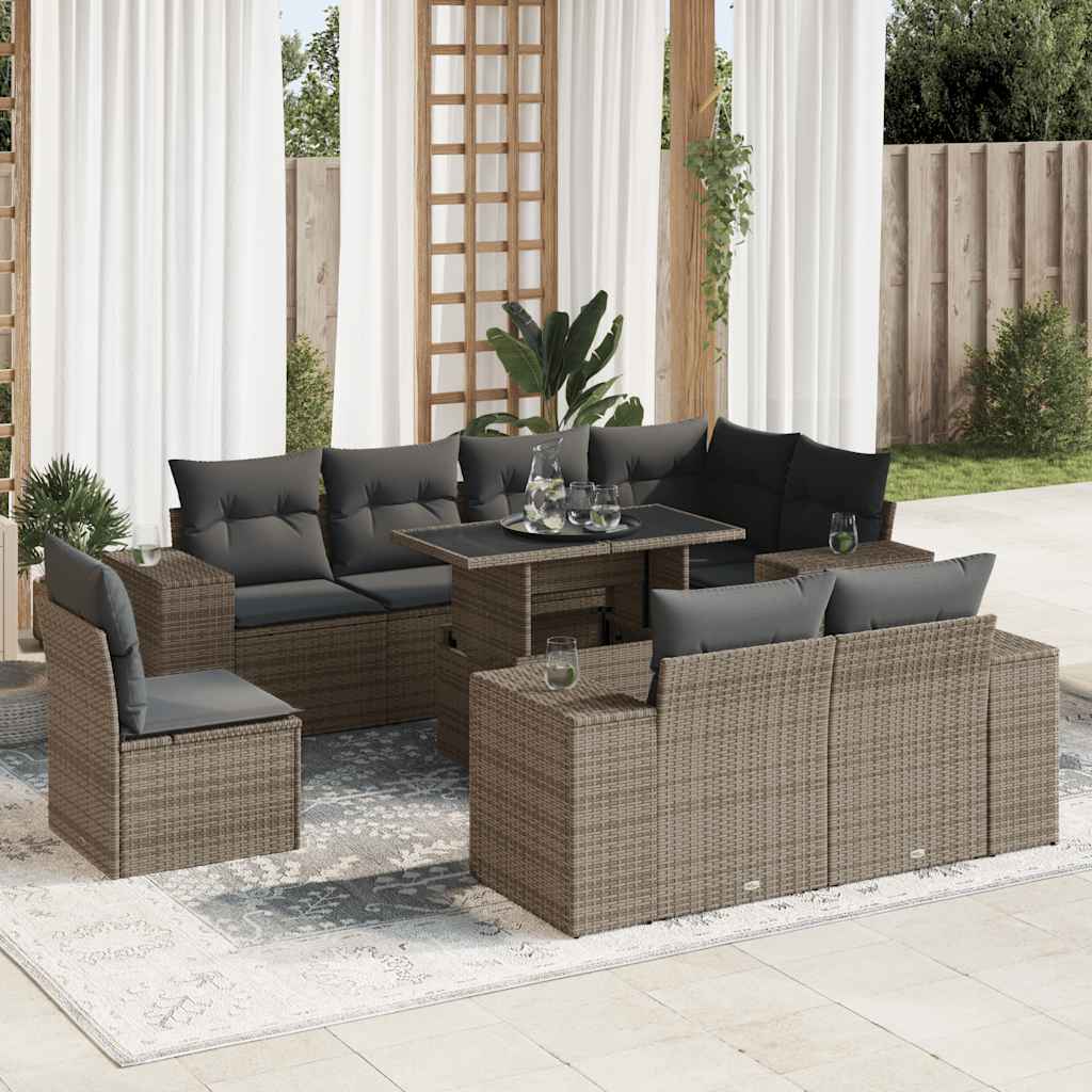 JUNG Vida 9-tlg. Garten-Sofagarnitur mit Kissen Grau Poly Rattan