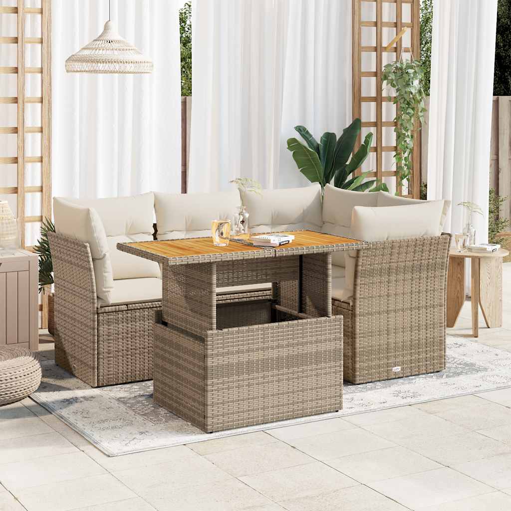 JUNG Vida 5-tlg. Garten-Sofagarnitur mit Kissen Beige Poly Rattan