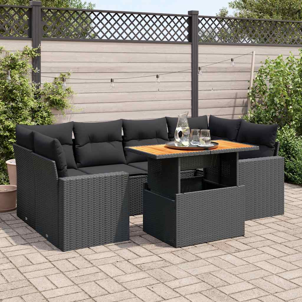 JUNG Vida 7-tlg. Garten-Sofagarnitur mit Kissen Schwarz Poly Rattan