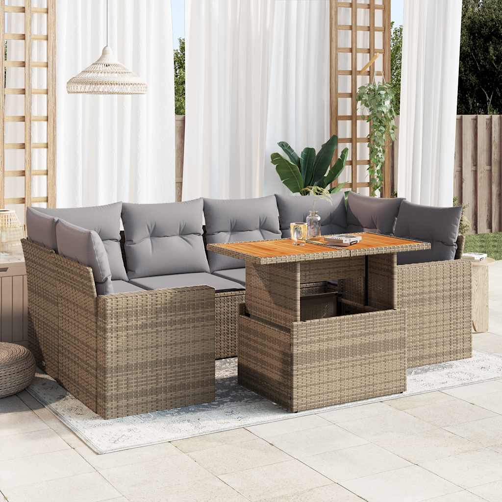 JUNG Vida 7-tlg. Garten-Sofagarnitur mit Kissen Beige Poly Rattan