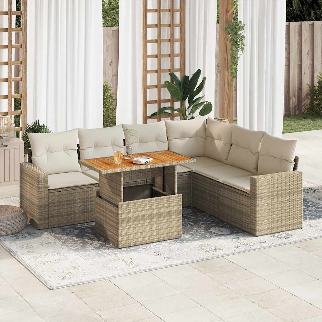 JUNG Vida 7-tlg. Garten-Sofagarnitur mit Kissen Beige Poly Rattan