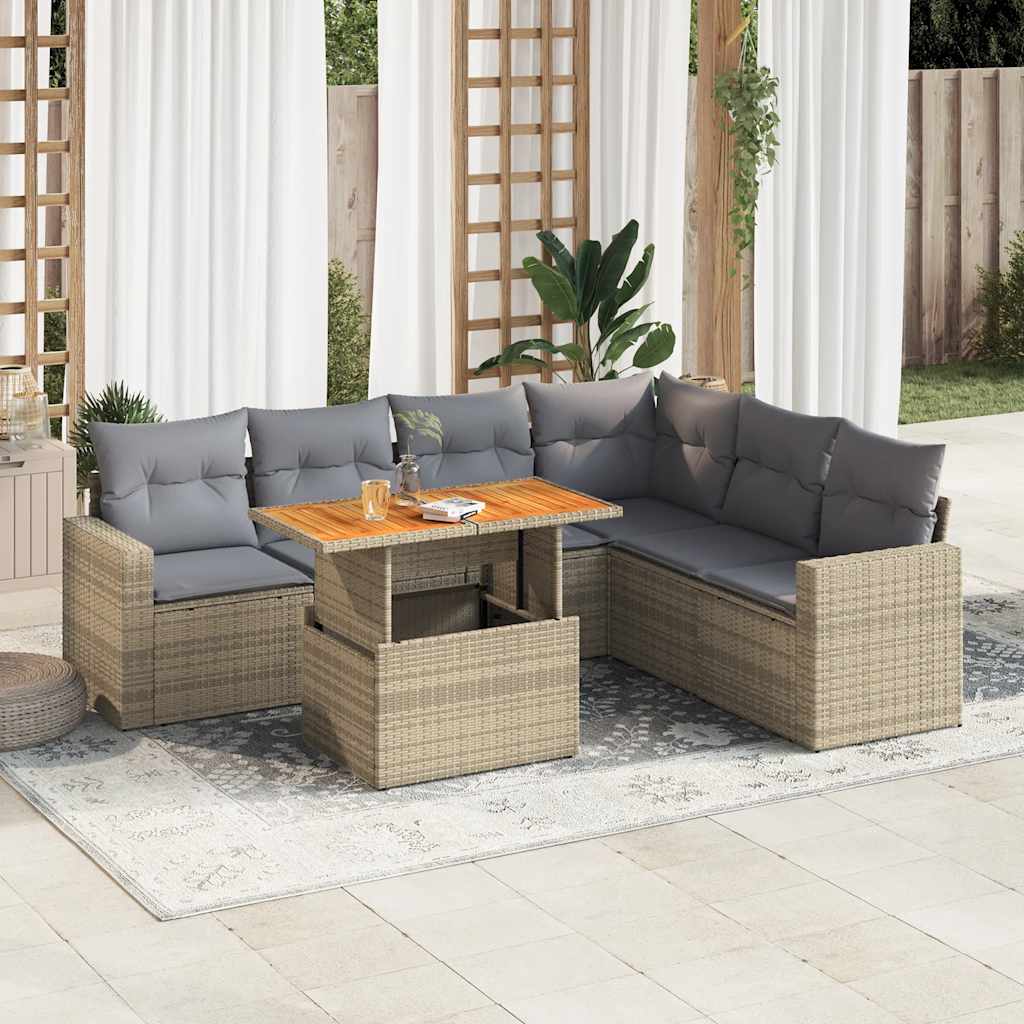 JUNG Vida 7-tlg. Garten-Sofagarnitur mit Kissen Beige Poly Rattan