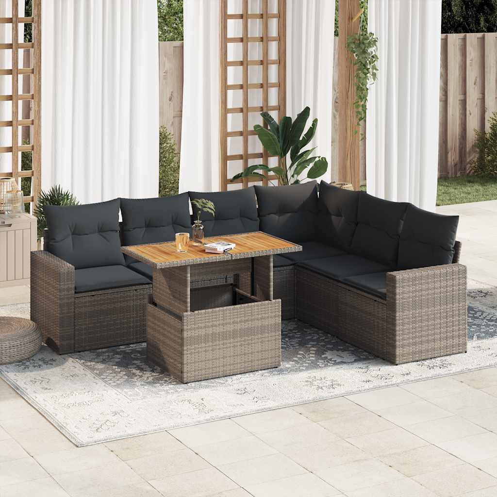 JUNG Vida 7-tlg. Garten-Sofagarnitur mit Kissen Grau Poly Rattan