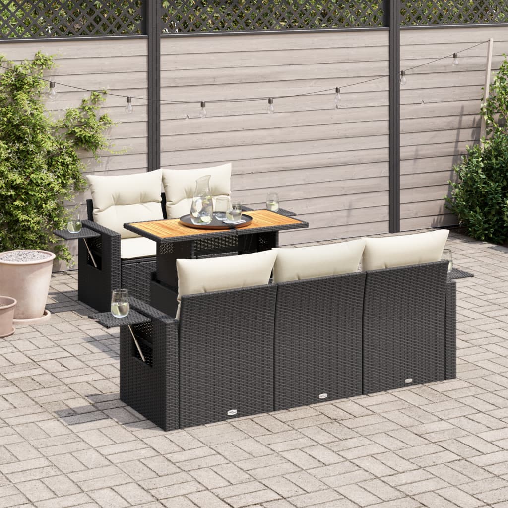 JUNG Vida 6-tlg. Garten-Sofagarnitur mit Kissen Schwarz Poly Rattan