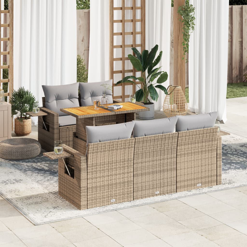 JUNG Vida 6-tlg. Garten-Sofagarnitur mit Kissen Beige Poly Rattan