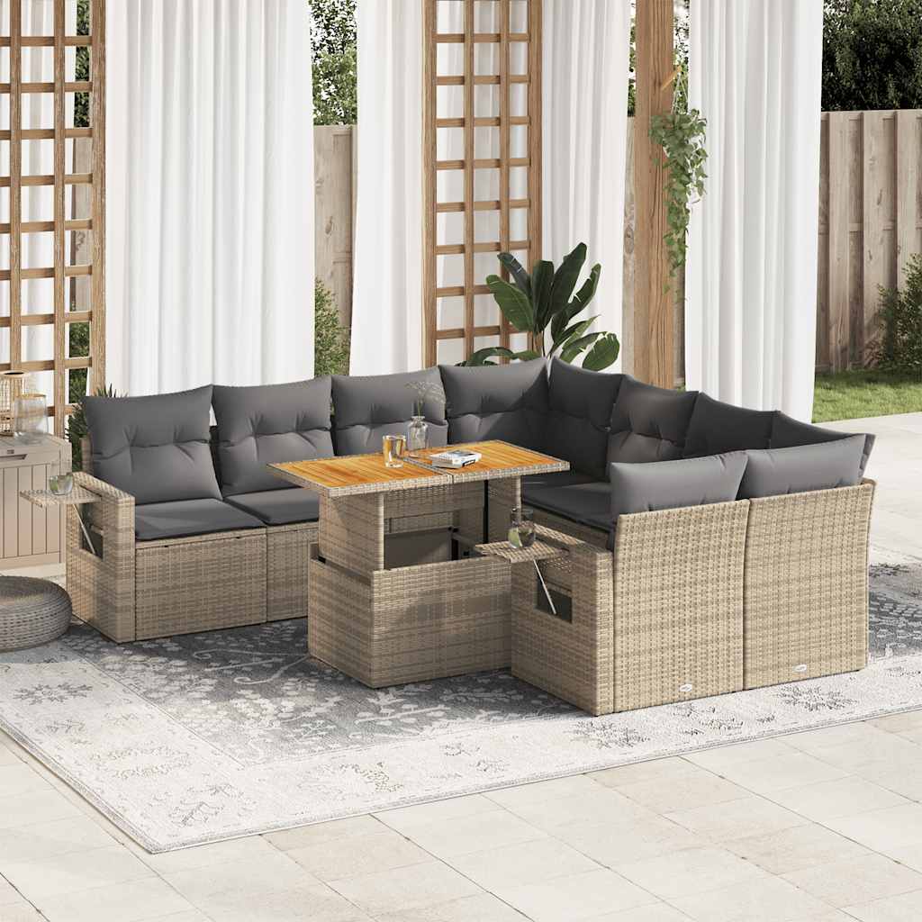 JUNG Vida 9-tlg. Garten-Sofagarnitur mit Kissen Beige Poly Rattan