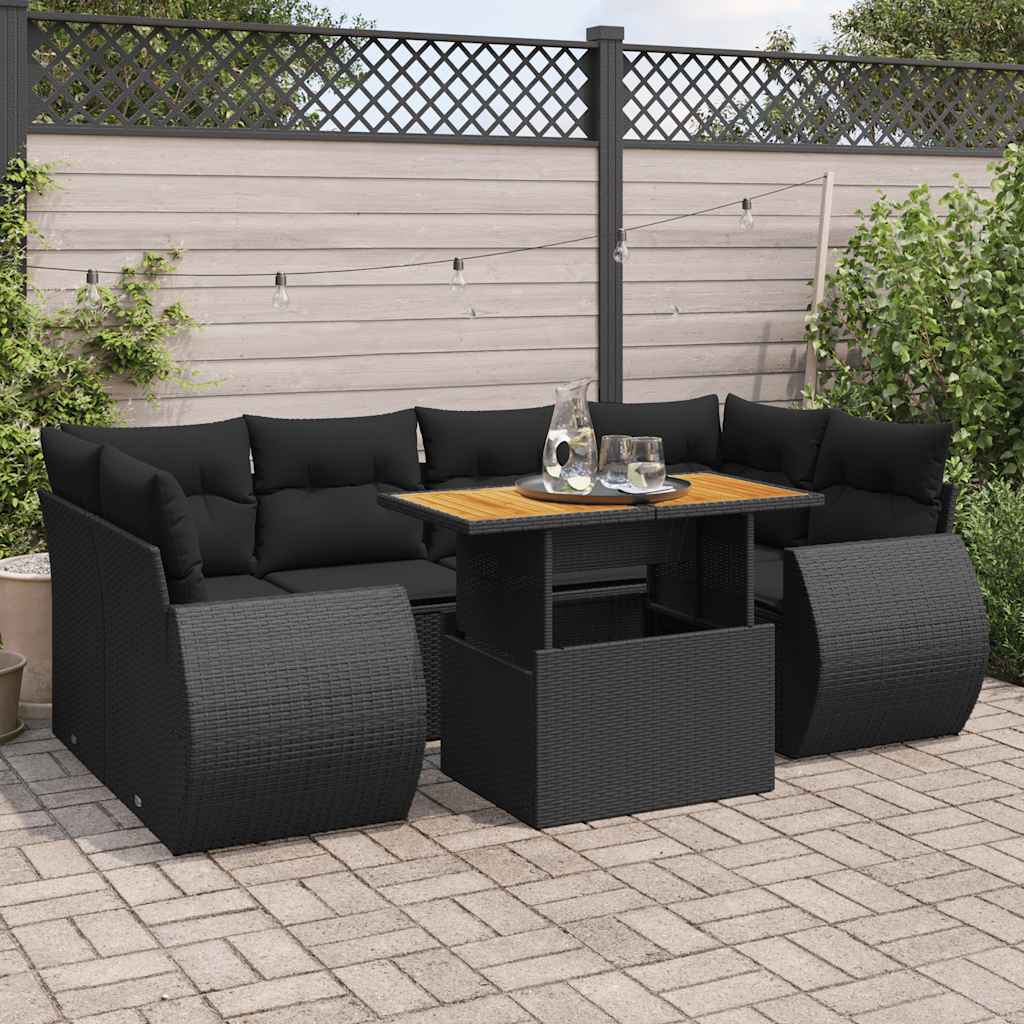 JUNG Vida 7-tlg. Garten-Sofagarnitur mit Kissen Schwarz Poly Rattan