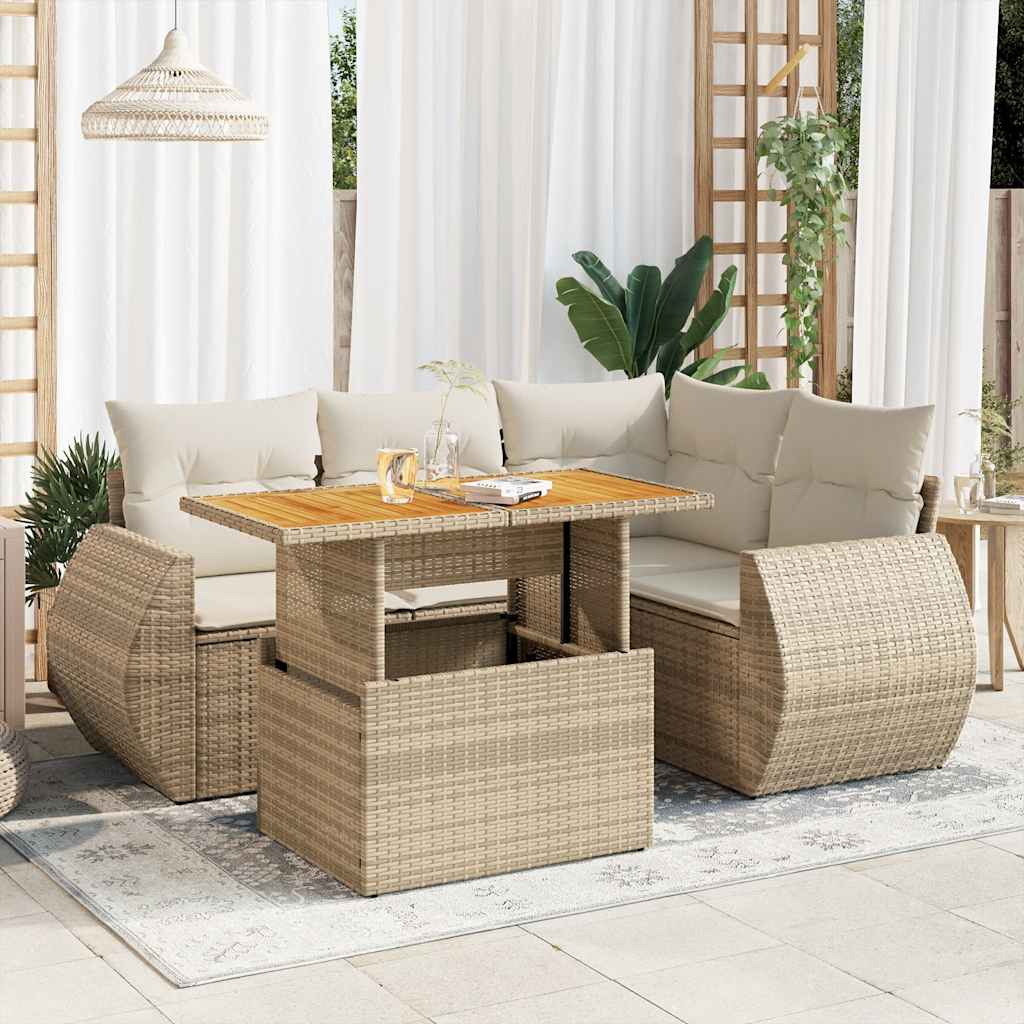 JUNG Vida 5-tlg. Garten-Sofagarnitur mit Kissen Beige Poly Rattan