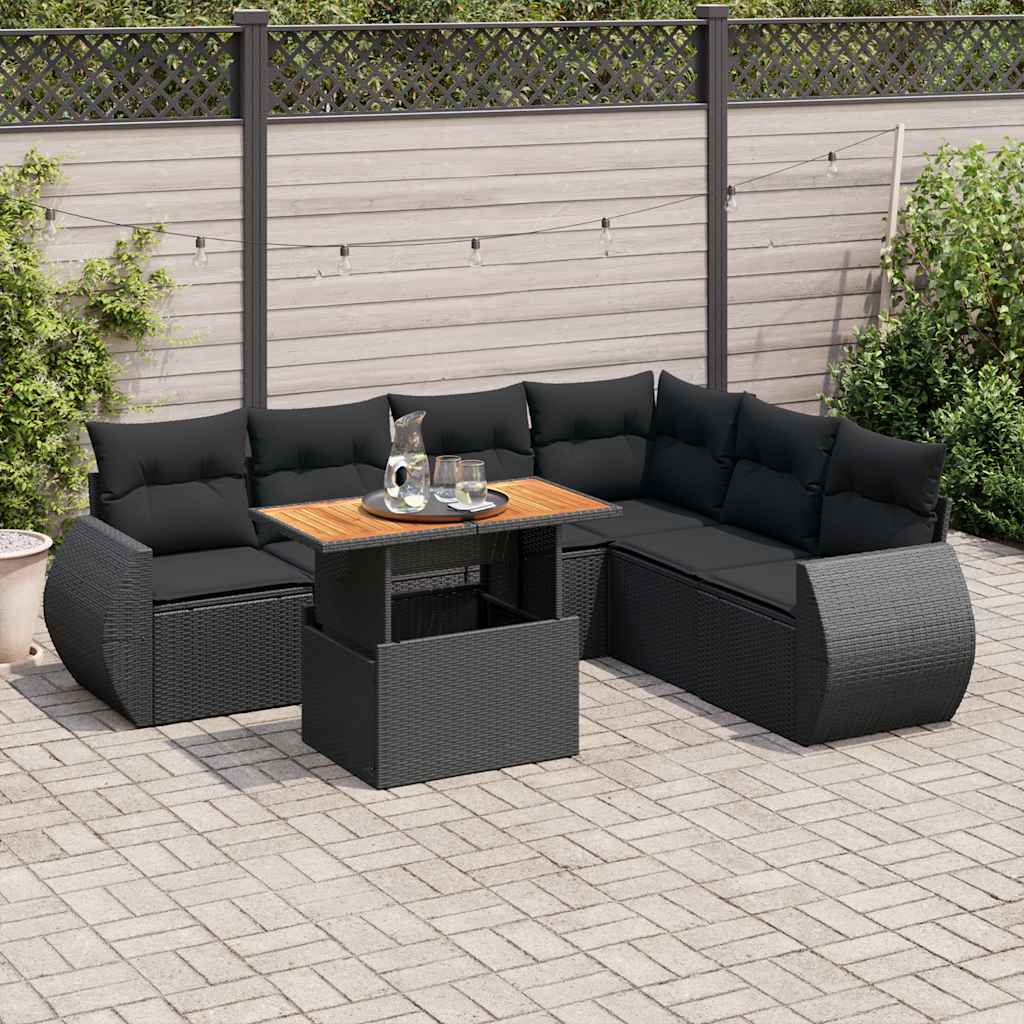 JUNG Vida 7-tlg. Garten-Sofagarnitur mit Kissen Schwarz Poly Rattan