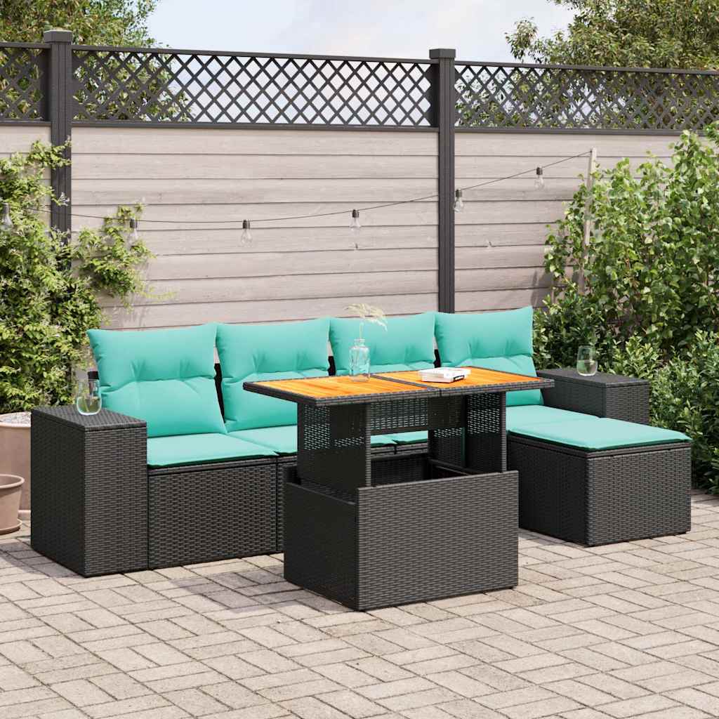 JUNG Vida 6-tlg. Garten-Sofagarnitur mit Kissen Schwarz Poly Rattan