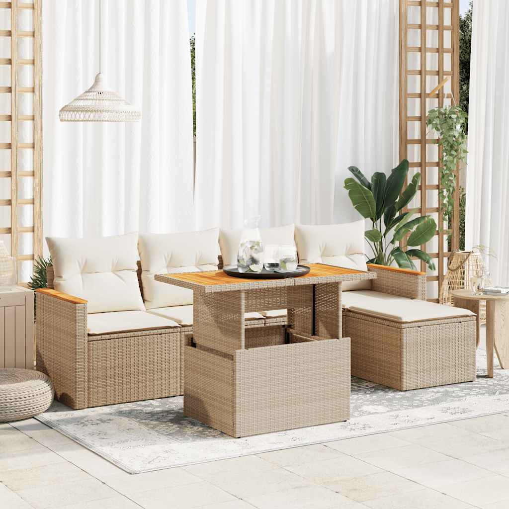 JUNG Vida 6-tlg. Garten-Sofagarnitur mit Kissen Beige Poly Rattan Akazie