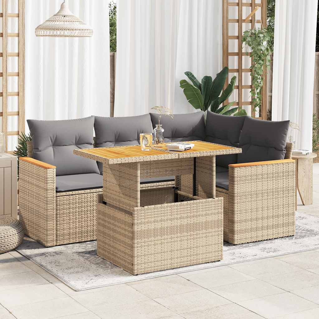 JUNG Vida 5-tlg. Garten-Sofagarnitur mit Kissen Beige Poly Rattan Akazie