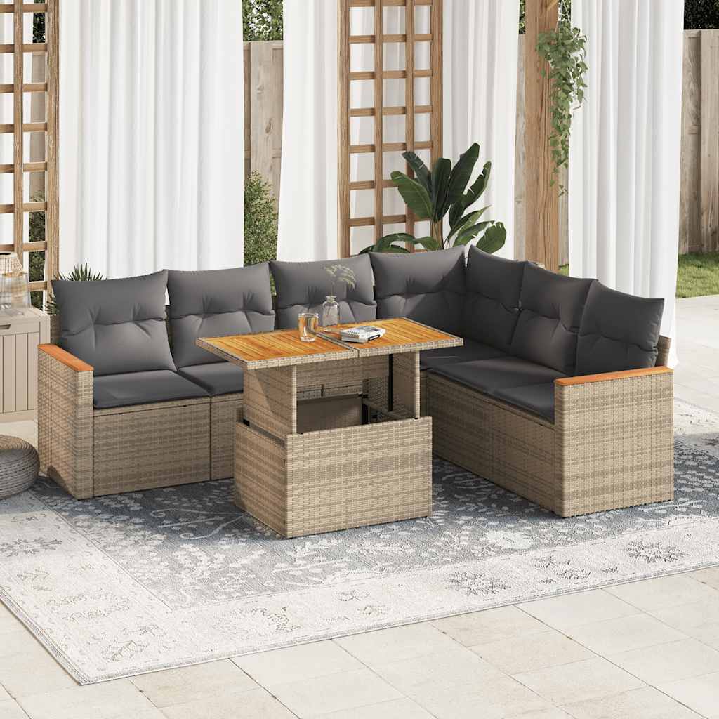 JUNG Vida 7-tlg. Garten-Sofagarnitur mit Kissen Beige Poly Rattan Akazie