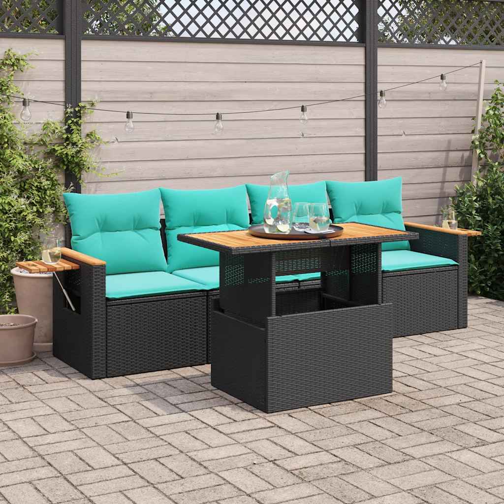 JUNG Vida 5-tlg. Garten-Sofagarnitur mit Kissen Schwarz Poly Rattan
