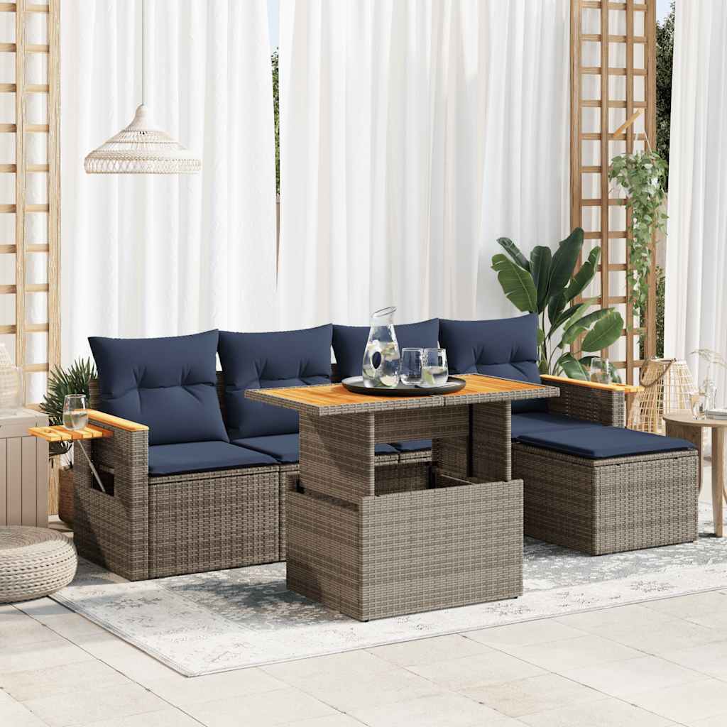 JUNG Vida 6-tlg. Garten-Sofagarnitur mit Kissen Grau Poly Rattan Akazie
