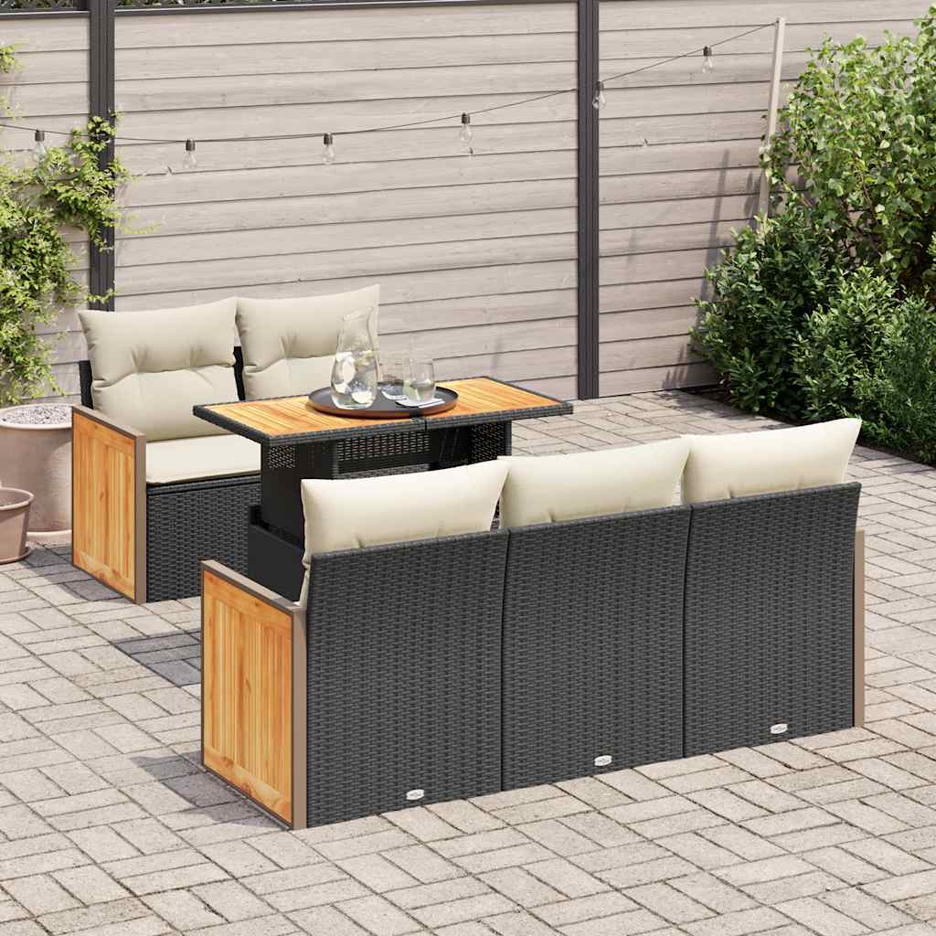 JUNG Vida 6-tlg. Garten-Sofagarnitur mit Kissen Schwarz Poly Rattan
