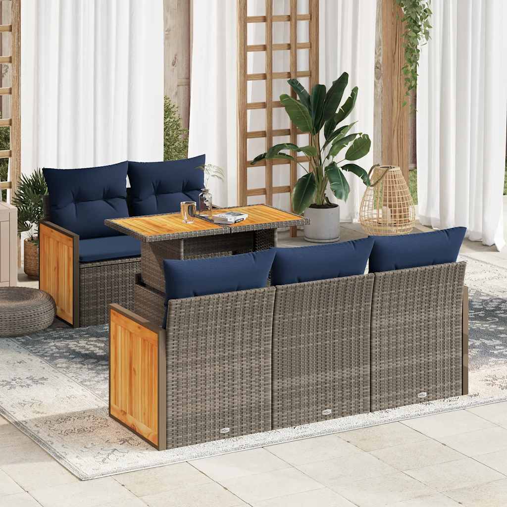 JUNG Vida 6-tlg. Garten-Sofagarnitur mit Kissen Grau Poly Rattan Akazie
