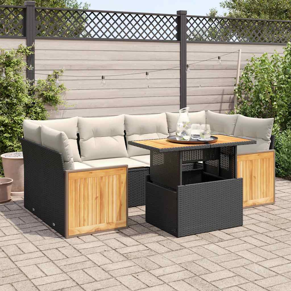 JUNG Vida 7-tlg. Garten-Sofagarnitur mit Kissen Schwarz Poly Rattan