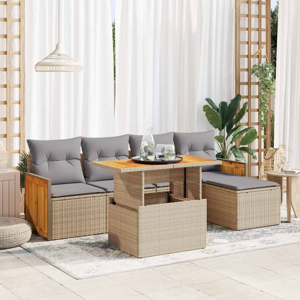 JUNG Vida 6-tlg. Garten-Sofagarnitur mit Kissen Beige Poly Rattan Akazie