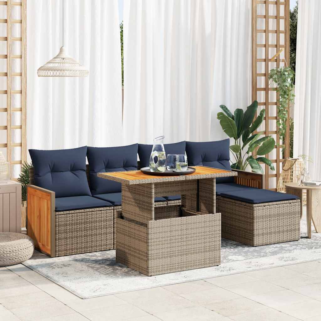 JUNG Vida 6-tlg. Garten-Sofagarnitur mit Kissen Grau Poly Rattan Akazie
