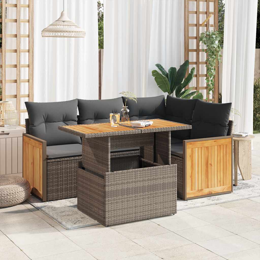 JUNG Vida 5-tlg. Garten-Sofagarnitur mit Kissen Grau Poly Rattan Akazie
