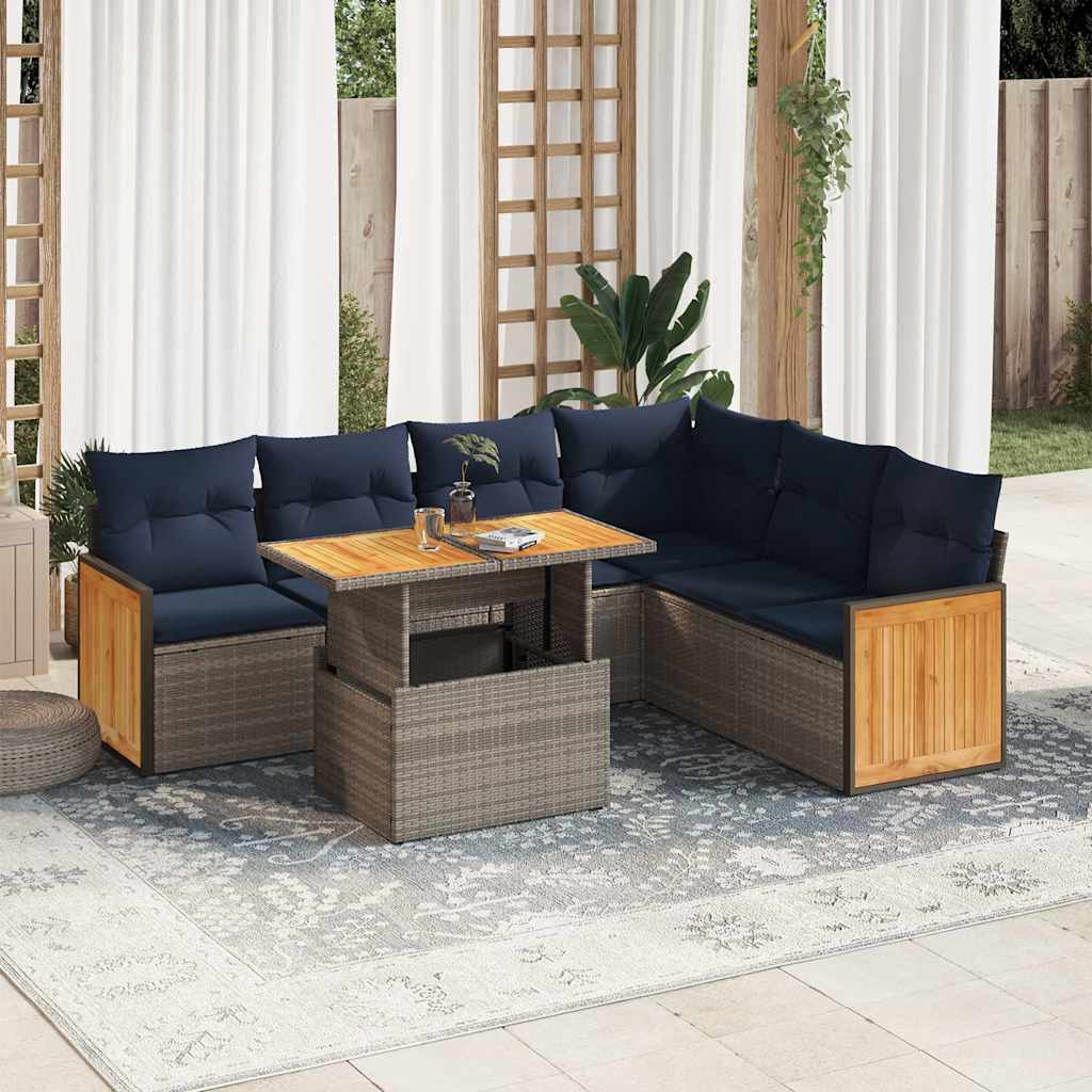 JUNG Vida 7-tlg. Garten-Sofagarnitur mit Kissen Grau Poly Rattan Akazie