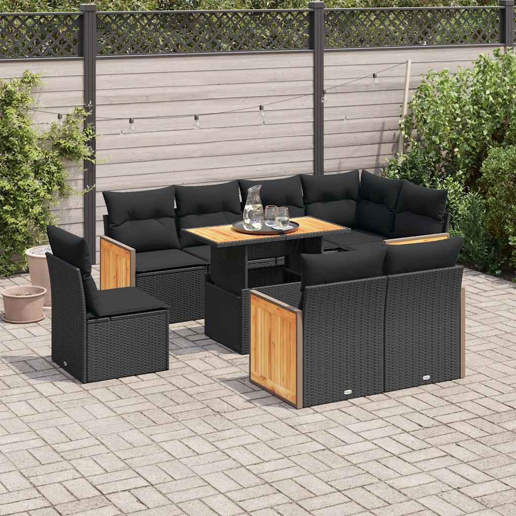 JUNG Vida 9-tlg. Garten-Sofagarnitur mit Kissen Schwarz Poly Rattan