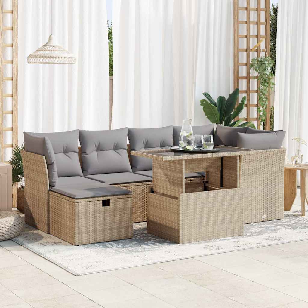 JUNG Vida 7-tlg. Garten-Sofagarnitur mit Kissen Beige Poly Rattan