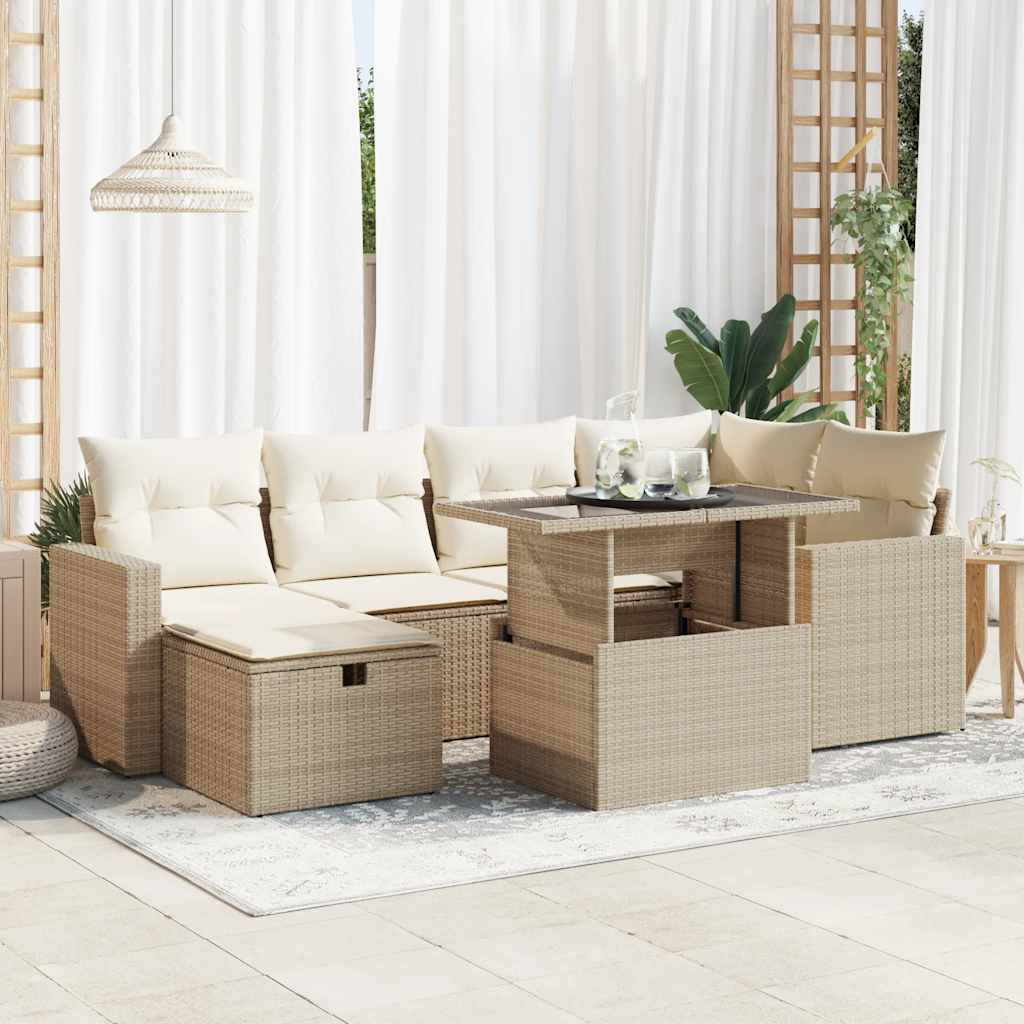 JUNG Vida 7-tlg. Garten-Sofagarnitur mit Kissen Beige Poly Rattan