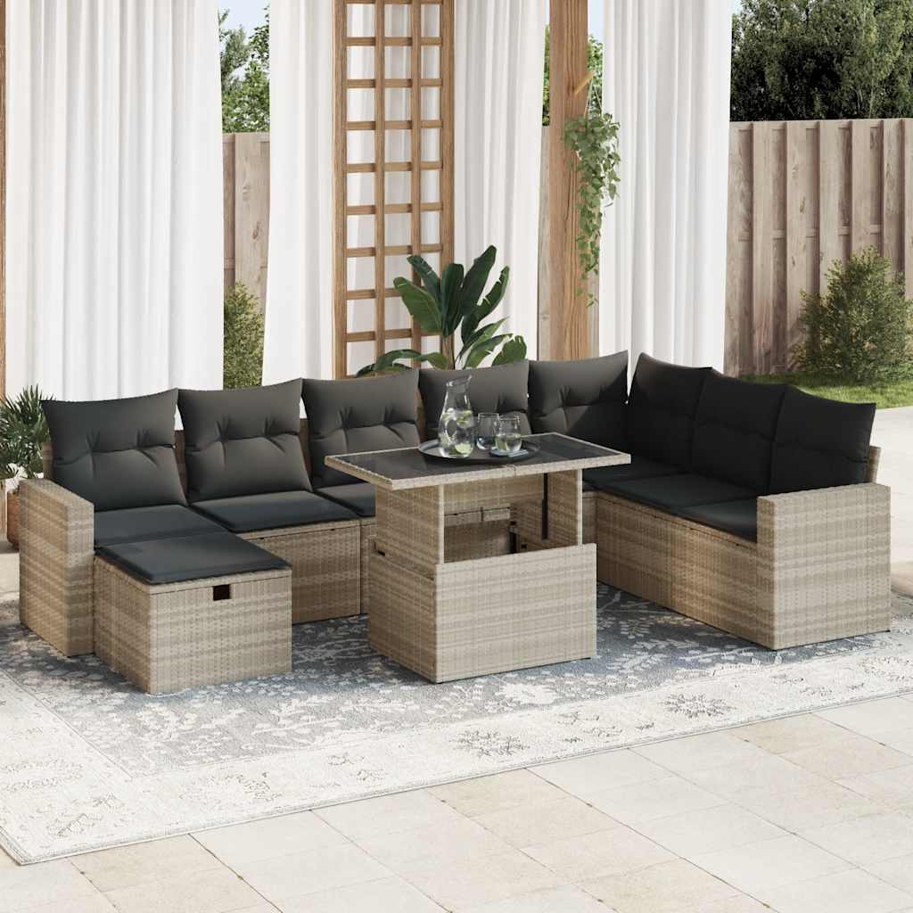 JUNG Vida 9-tlg. Garten-Sofagarnitur mit Kissen Hellgrau Poly Rattan