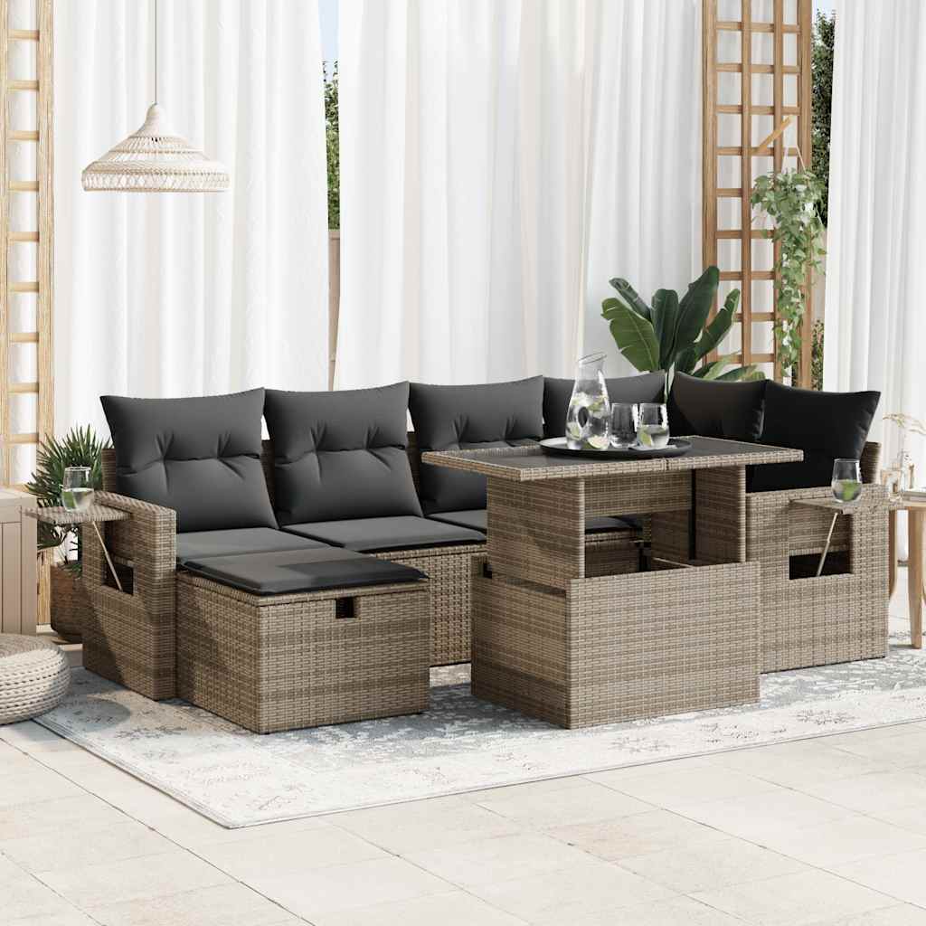 JUNG Vida 7-tlg. Garten-Sofagarnitur mit Kissen Grau Poly Rattan