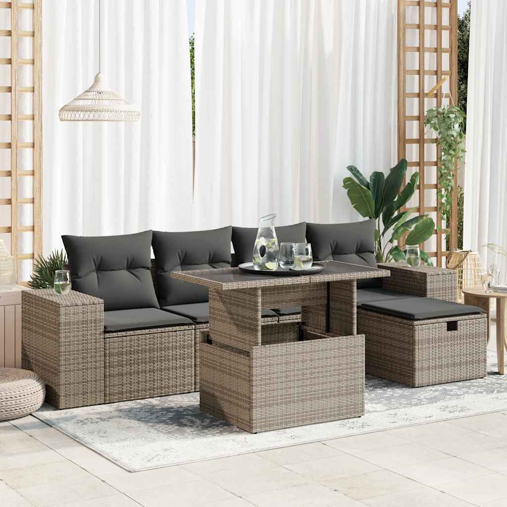 JUNG Vida 6-tlg. Garten-Sofagarnitur mit Kissen Grau Poly Rattan